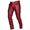 Pantalones para hombres Moda Motocicleta Hombres Cuero de imitación Botón de pierna ancha Botón de bolsillo grande Color sólido Pantalones casuales Ropa masculina hermosa