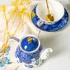 Conjunto de chá europeu de luxo, estilo palácio imperial russo, conjunto de chá de porcelana de osso, jardim azul, pote único, combinação com caixa de presente