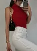 Kvinnors tröjor Kvinnor Black Off Shoulder Tank Tops Sticked Turtleneck BodyCon 2024 Summer Skinny Round Neck Solid Crop tröja