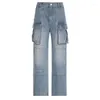 Jeans femininos fuamos personalizado grande bolso americano distintivo rua moda costura ferramentas de cintura alta calças retas