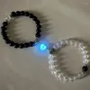 Charm Bracelets 2pcs/pack 8MM Black White Beaded Bracelet Set Luminou Magnetic Heart Glow In The Dark Couple For Lover Women Gift