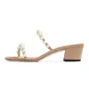 Famous Women Sandals Fashion AMARA 45 mm Pumps Italy Refined Pearls Double Ankle Strap Nude Leather Slingback Design Summer Evening Dress Coarse Heels Sandal EU 35-43
