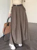 Jupes Qiukichonson Gris Midi Long Costume Femme 2023 Automne Hiver Goth Lolita Taille Haute Plissée Maxi Avec Ceinture