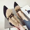 Dress Shoes Women wearing plush shoes for autumn and winter wear pointed middle heel thick heeled single shoes with one foot on Doudou s 231207