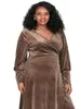 Robe portefeuille mi-longue en velours pour femme, tenue élégante, grande taille, manches longues, marron clair, cravate à la taille, col en v, fête formelle, grande taille 6XL, automne