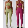 Lu hizalanan kadın 2pcs egzersiz kıyafetler çıplak seksi bir omuz sporu sütten tozluk kıyafetleri fitness lisure spor llwear 8110 limon lady gry spor kızlar