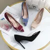 Dress Shoes Velvet Women High Heels Pointed Toe Shallow Mouth 2023 Brief Pumps Slip On Sandals Ladies Lace-Up Spikes Beige Latest Swee