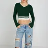 Kadın Sweaters Kadınlar Örme Mahsul Üstleri Katı V Boyun T-Shirts Stripes Tee Tee Uzun Kollu Kırpılmış Kazak İnce Y2K Estetik Altılar