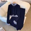 Arbetsklänningar 2023 Autumn Winter Vintage Elegant Style 2 Piece Set Women Long Sleeve Bow Cardigan A-line kjolkontor Lady Two