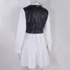 Casual Dresses Long Sleeve White Shirt Dress For Women 2023 Autumn PU Leather Patchwork Plaid Sweet Office Ladies Mini Vestidos