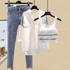 Kvinnors tvådelade byxor Spring and Summer Set 2023 Korean Fashion Shirt Top Casual Tank Wide Leg Jeans Three 231207