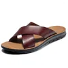 Slippare 2023 Fashion Men Real Leather Summer Black White/Red/Yellow Cross Over Men's Leisure Comfort Flat Sandals