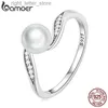 Anello solitario Bamoer Argento sterling 925 di qualità Anello con perla di conchiglia Anello geometrico Pave Impostazione CZ per le donne Regalo di compleanno Gioielleria raffinata BSR304 YQ231207