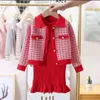 Clothing Sets Young Children s Set For Girls Autnmn Winter Cotton Lattice Jacket Knitted Slim Dress 2pcs Kids Teen Clothes 4 To12 231206