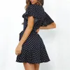 Casual Dresses Deep V Neck Dot Print Swing Dress Kort ärm Bandage Formell bröllop Gäst Ruffled Flounce Woman Clothing