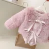 Jackets Fur Outwear Winter Childent Loose Bow Coat Thick Warm Hooded Jacket Bell-bottoms Pants Cotton Girls Casual Artificial