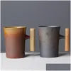 Mugs Japanese Style Vintage Ceramic Coffee Mug Tea Cup Tumbler Rust Glaze Office Milk Beer With Spoon Wood Handle Water 210409 Drop De Dhmcs