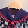 Robe pull à carreaux pour filles de 0 à 7 ans, pull chaud avec nœud tricoté, Style collégien, vêtements pour enfants, automne hiver 2023, 231207