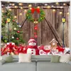 Tapestries Christmas Tapestry Cute Snowman Xmas Tree Balls Wreath Gifts Brown Wooden Door Xmas Year Decor Home Living Room Wall Hanging 231207