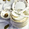 Conjuntos de louça Bone China Conjunto de talheres Jingdezhen Cerâmica Pratos Tigela Placa Sopa Colher Ocidental Bife