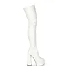 Bottes Pole Dance Talon Épais Etanche Plateforme Cuir Verni Tête Ronde Haute Blanc Longueur Genou Grand Femme 45