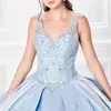 キラキラしたローズゴールドの光沢のあるVネックQuinceaneraドレスVestidos de 15 Anos Floral Lace Beading Formal