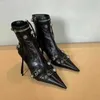 Schwarze Stiefel für Damen, Herbst und Winter, neue, spitze, feine, hochhackige Biker-Stiefel im Punk-Stil für Damen 121523a