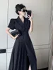 Robes de soirée mode coréenne manches bouffantes simple boutonnage cranté longue robe élégante été femmes plissées pour femme 2023