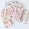 Mulheres sleepwear sete pontas manga estilo japonês quimono pijama conjunto feminino primavera outono algodão gaze casa roupas