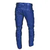 Pantalones para hombres Moda Motocicleta Hombres Cuero de imitación Botón de pierna ancha Botón de bolsillo grande Color sólido Pantalones casuales Ropa masculina hermosa