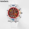 Мужские часы Ralex Audemar Pigue Watch Aebby 44 мм Aet Remould A3126 Автоматический хронограф Мужской прозрачный корпус из композитного материала Красный циферблат Белый резиновый ремешок Sup