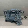 Le Cagole Denim Totes 여성 고급 핸드백 다이아몬드 리벳 오토바이 가방 메신저 가방 반 달 기관차 거울과 카드