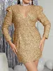 2024 Women Fashion Dress Runway Dresses Christmas oversized evening dress manufacturer supply V-neck bubble sleeve starry sky sequin dress