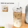 Mugs Square Heat Resistant Coffee Glass Cup With Lid and Straw Transparent Milk Tea Juice Cups Mug For Home Bar Drinkware 231206