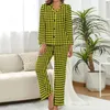 Pijamas femininos elegante houndstooth pijamas senhora preto e amarelo retro diário manga longa duas peças lazer v pescoço conjunto personalizado