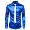 Herren-Freizeithemden, silbernes Seidenhemd, Krawatten-Set, Herren-Smokinghemden aus glattem Satin, lässige Button-Down-Herrenhemden, Hochzeit, Party, Abschlussball, Chemise Homme 231207