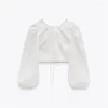 Women's Blouses 2023 Spring Women's White Round Neck Long Sleeve Hollow Embroidered Back Cross Lace Cropped Top