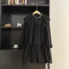 Casual Kleider 2023 Koreanische Stil Autunm Mesh Kleid Stehkragen Spitze Rand Puff Lange Ärmel Lose Dünne Einfarbig A-linie hemd