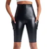 Sexig krok hög läderformad bantning leggings kvinnor kropp shaper midje tränare mage kontroll yoga shorts med fickan