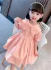 Girl Dresses 2023 Summer O-Neck Solid Mother Kids Pearl Bow Decoration Dress For Girls Puff Sleeve Casual Family Matching Outfits