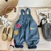 Girls denim overall kids letter badge embroidery suspender pants autumn winter children velvet warm cowboys trousers Z5831