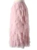 Kjolar tigena tutu tyll long maxi kjol kvinnor mode koreansk söt rosa hög midja veckad kjol mesh kvinnlig dam estetik faldas 231207