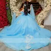 Principessa Quinceanera Blue Sky Abiti Ball 2024 Applique floreale Perline Cristalli Perle Abito da festa di compleanno Abito dolce 16