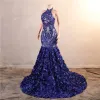 2024 Cascading Ruffles Royal Blue Mermaid Prom Dresses Sequined Lace Flowers Halter Neck Backless Long Women Evening Party Gowns Custom Made BM3507