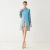 Retro Floral Blue Party Mini Dress with Long Sleeve Woman Designer Elegant Fit Doll Collar Vacation Dresses 2023 Spring Autumn Sweet Chic Runway Slim A-Line Frocks