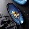 食器セットセラミックラウンドウッドトレイ寿司プレートフルーツ料理ホームレストランEL（青い小さなバスルーム