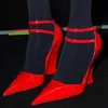 Mulher bomba com cunha salto chama vermelho luxo designer sapatos 105mm patente couro apontado dedos moda vestido sapato tornozelo cinta senhora sandália festa salto alto lides com caixa