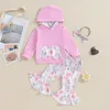 Set di abbigliamento Bambino Neonata Completo autunnale Felpa patchwork con cappuccio a maniche lunghe con pantaloni svasati con stampa di elefante floreale Vestiti con fascia