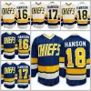 Brothers Charlestown Slap Shot 16 Jack Hanson Jersey Movie Ice Hockey 17 Steve Hanson 18 Jeff Hanson All Stitched Blue Away White Sports 43