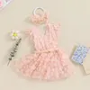 Rompers Princess Floral Summer Baby Clothes For Girls Dress Sleeve Tie-Up Layered Tulle Skirt Born Bodysuit With Headband